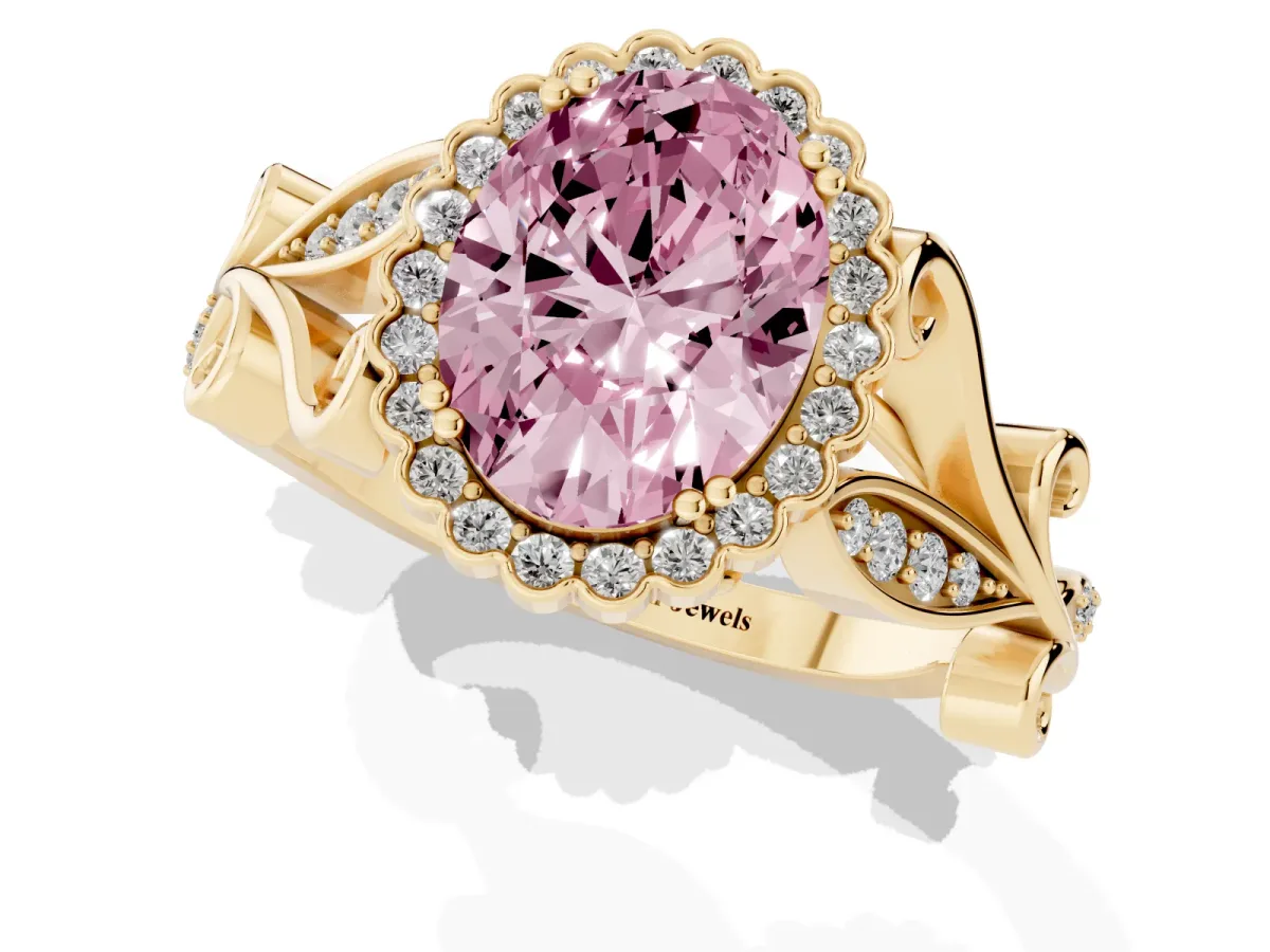 Fancy Pink Oval Cut Diamond Halo Ring with Vintage Split Shank and Four-Prong Setting Yellow gold