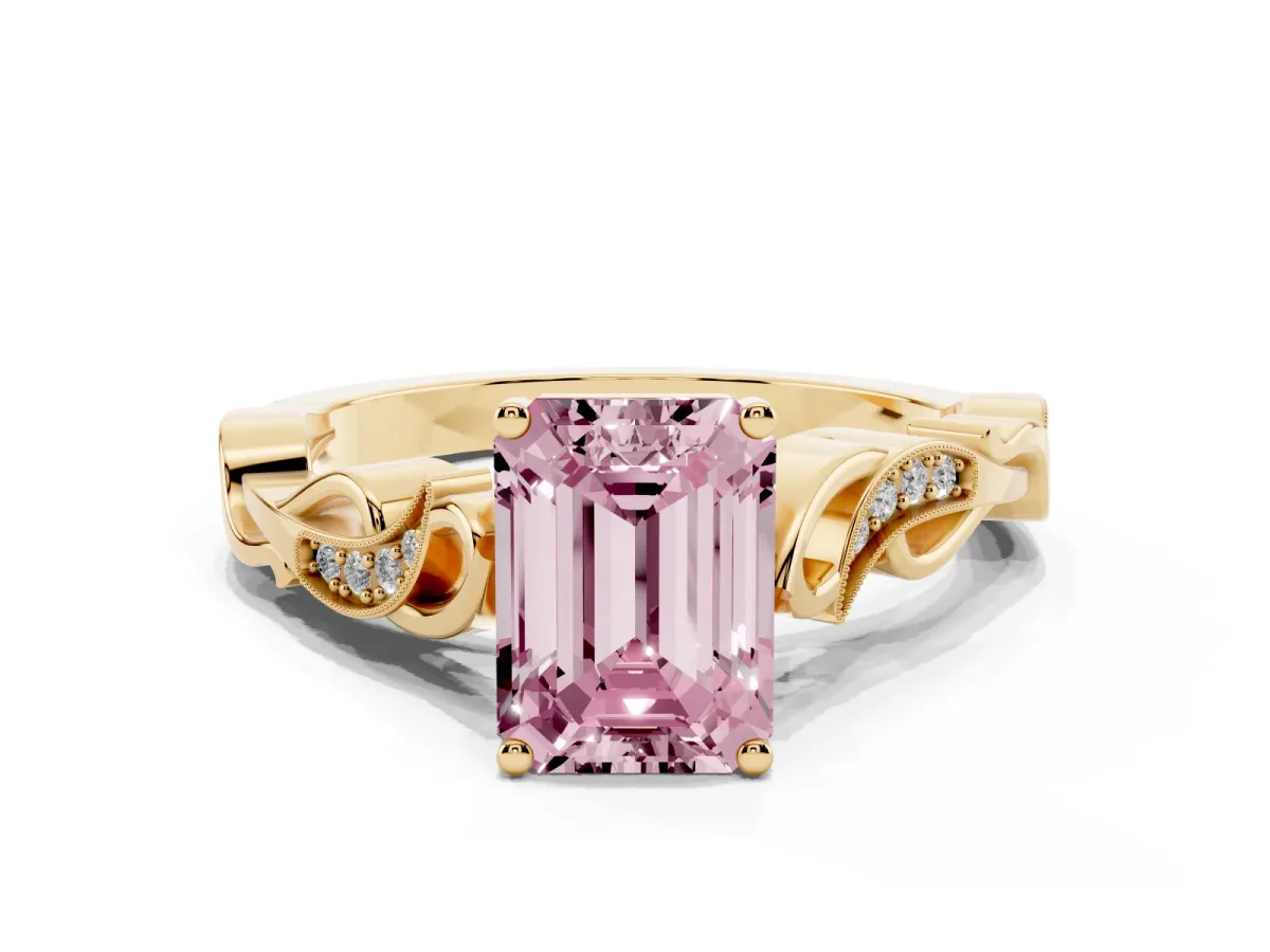 Fancy Pink Emerald Cut Solitaire Vine Band with Milgrain Prong Setting Yellow gold