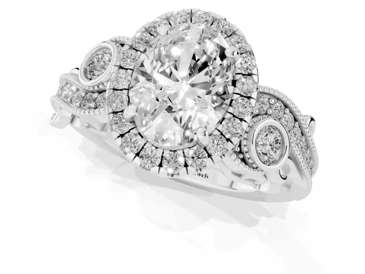 Oval Cut Halo Diamond Ring with Milgrain and Bezel Accents on a Split Shank Band Silver