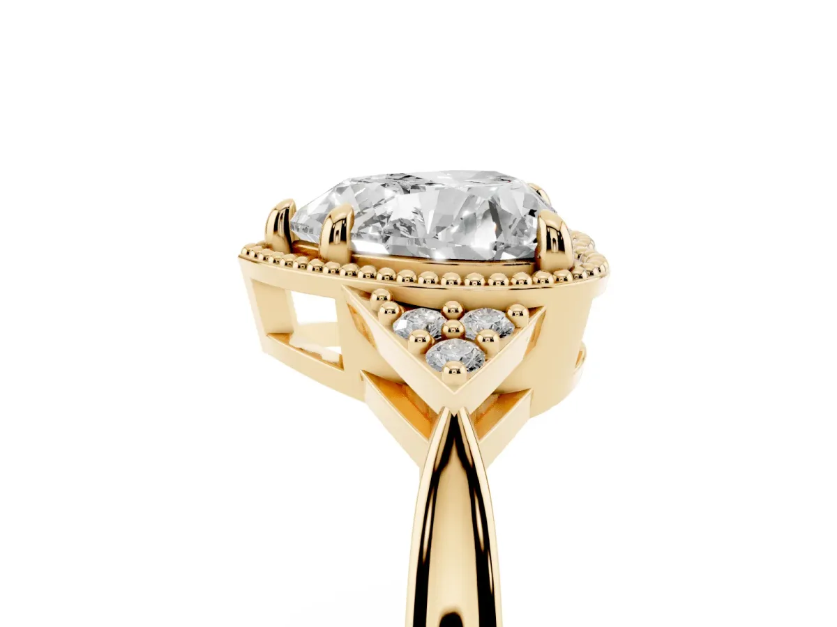 Hexagonal Halo Heart Cut Diamond Solitaire with Pavé Band and Four-Prong Setting Yellow gold