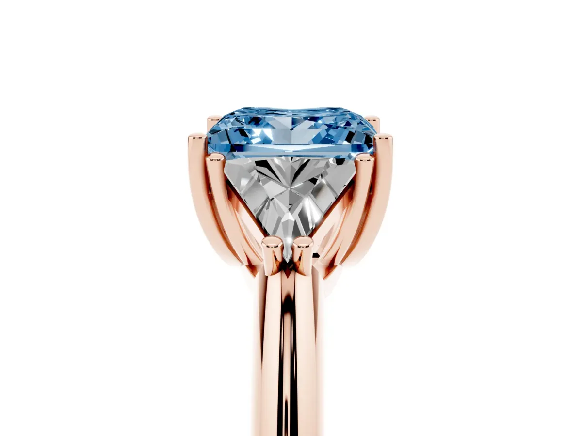 Fancy Blue Three-Stone Princess Cut Diamond Engagement Ring with Trillion Side Stones and Prong Setting Rose gold