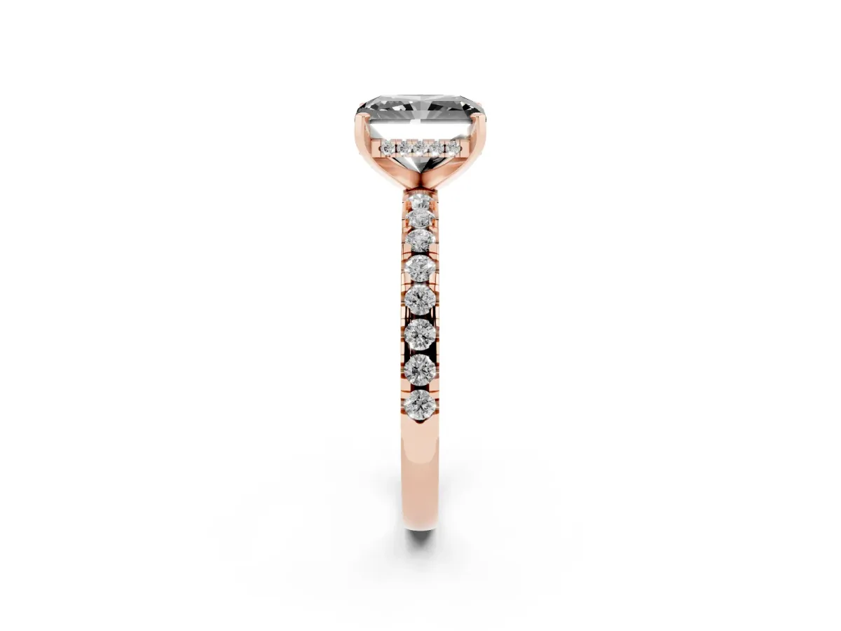 Fancy Black Radiant Cut Diamond Solitaire Ring with Round Pavé Band and Four-Prong Setting Rose gold