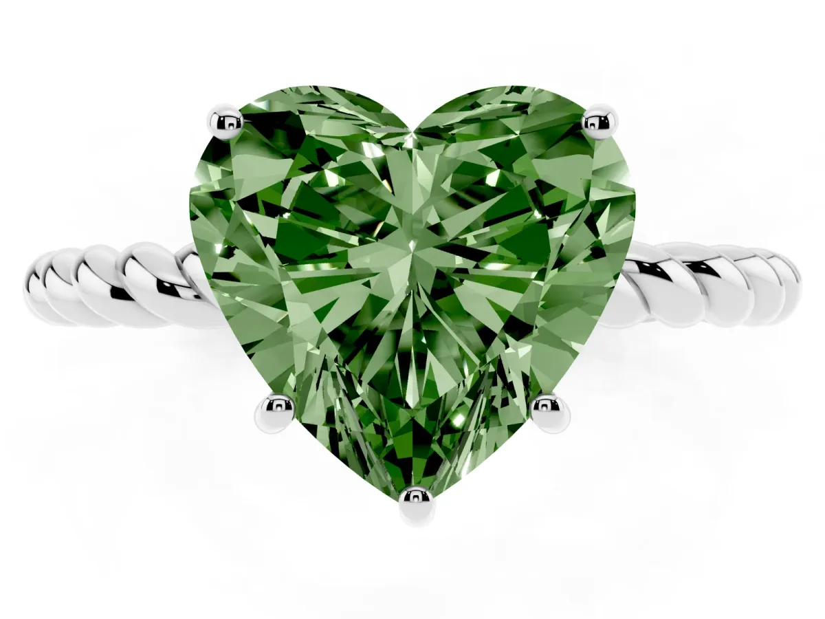Fancy Green Heart Cut Solitaire Twisted Band 4-Prong Ring Silver