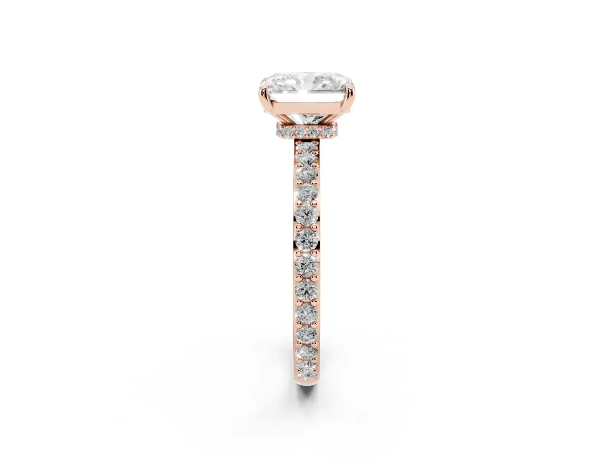 Radiant Cut Diamond Pavé Engagement Ring with Round Accents and Prong Setting Rose gold