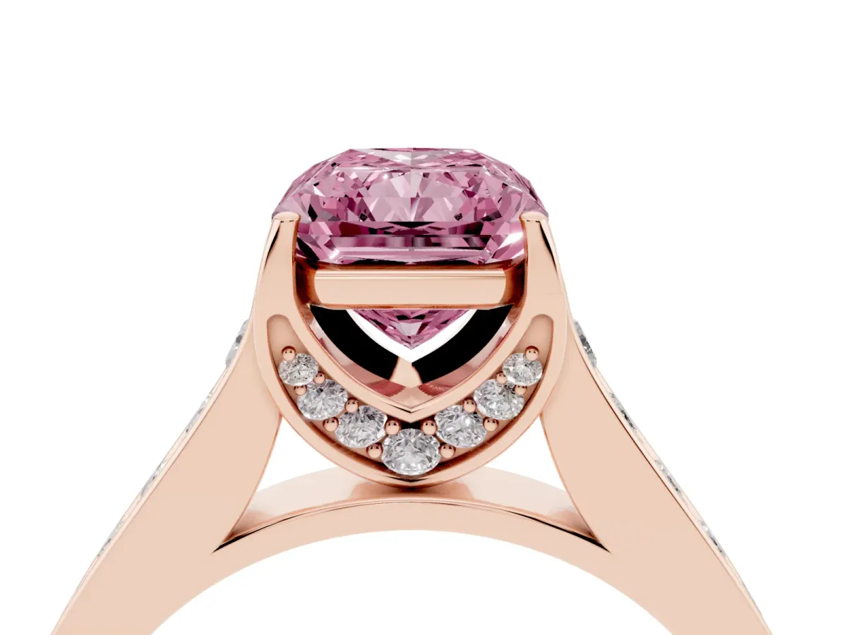 Fancy Pink Radiant Cut Brilliant Cut Diamond Engagement Ring with Pavé Band and Four-Prong Setting Rose gold