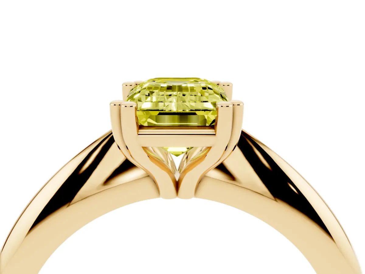 Fancy Yellow Emerald Cut Cut Solitaire Engagement Ring with Tapered Band and Four-Prong Setting Yellow gold