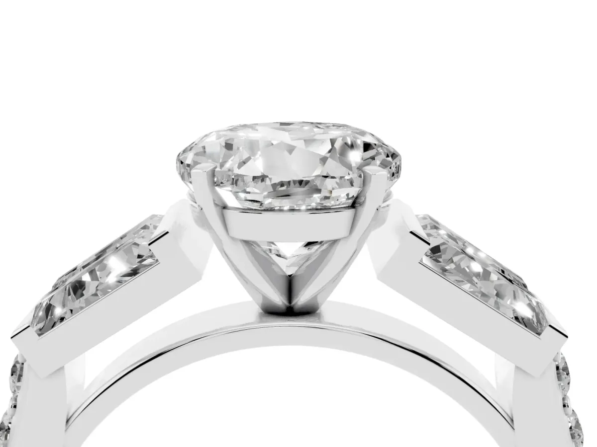Round Cut Diamond Engagement Ring with Baguette Side Stones and Channel Set Band Silver