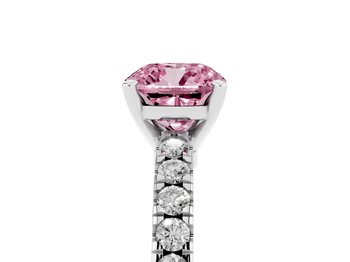 Fancy Pink Cushion Cut Solitaire Diamond with Pavé Band and Four-Prong Setting Platinum