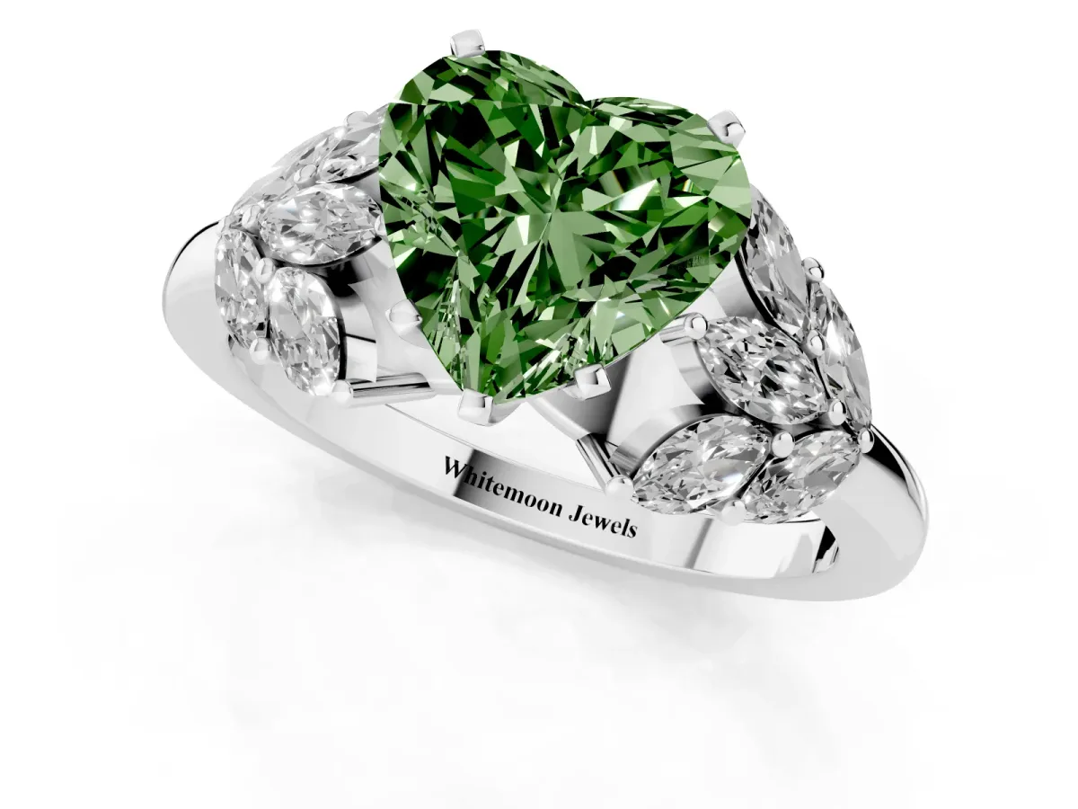 Fancy Green Heart Cut Diamond Cluster Leaf Design Ring with Prong Setting White gold
