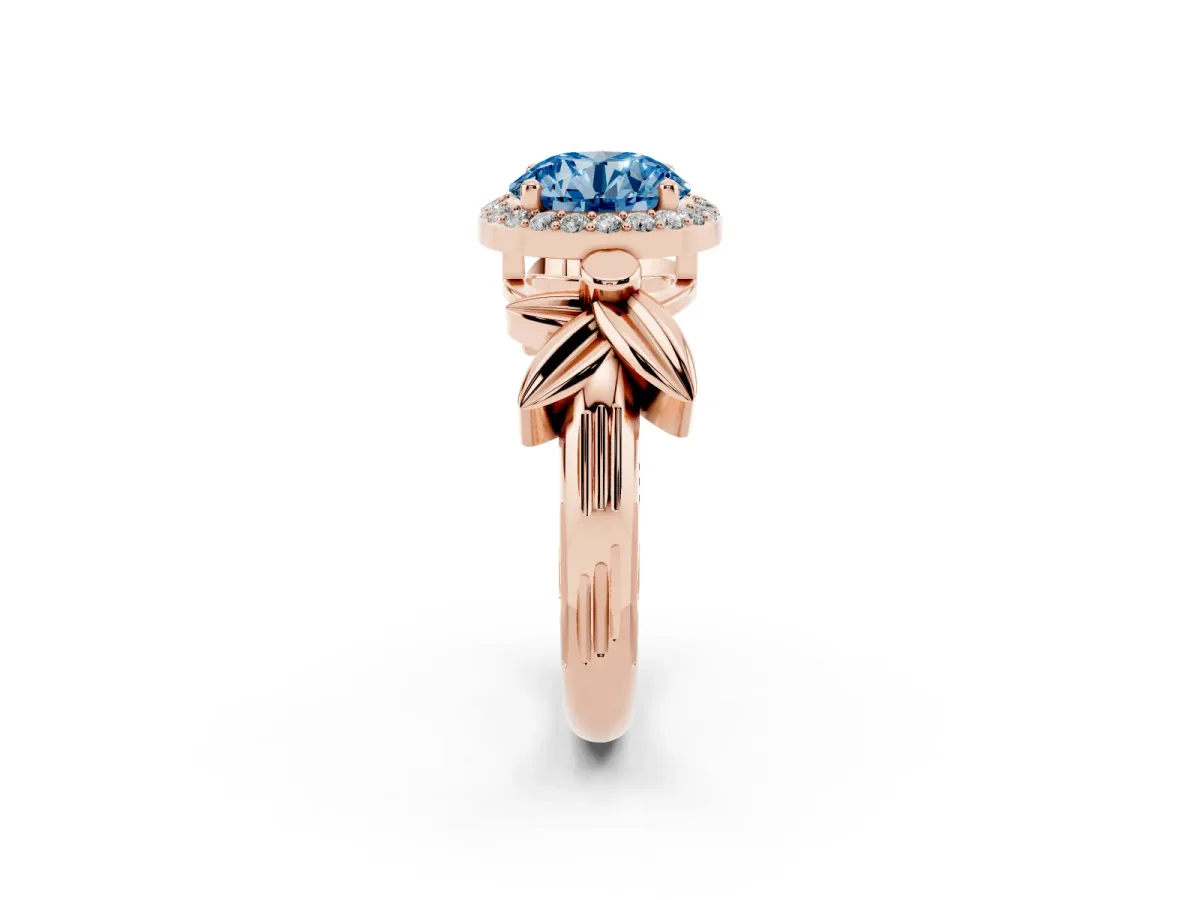 Fancy Blue Round Cut Halo Diamond Floral Band with Four-Prong Setting Rose gold