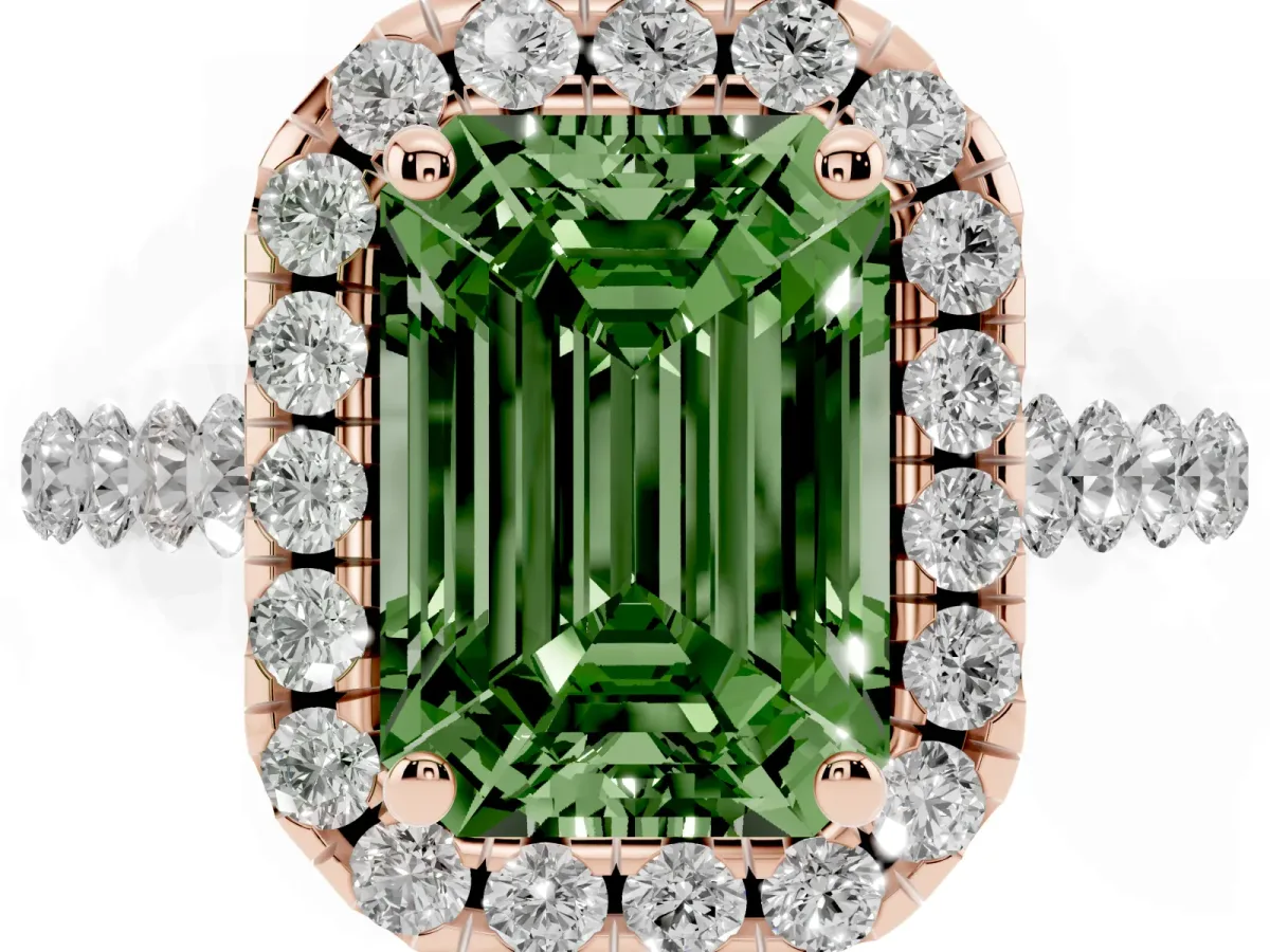 Fancy Green Emerald Cut Halo Pavé Diamond Engagement Ring with Four-Prong Setting Rose gold