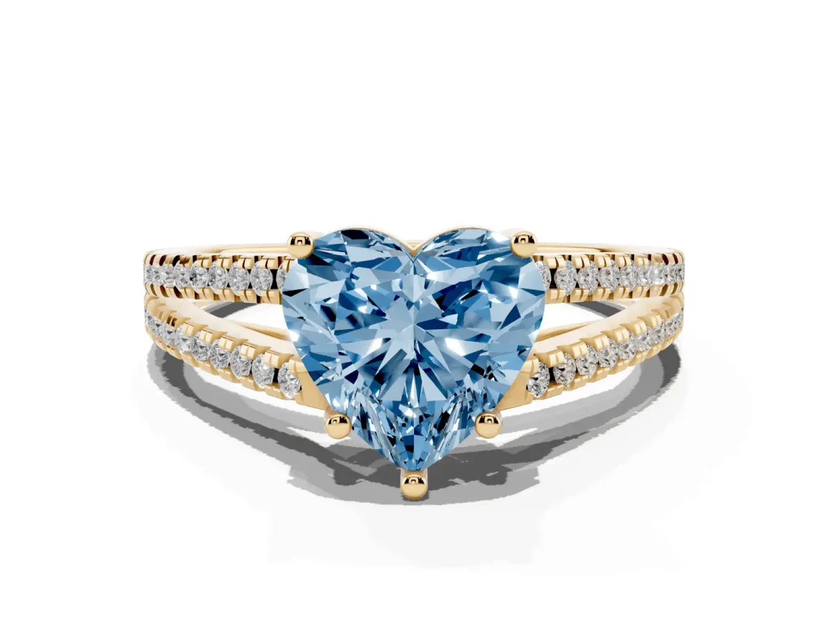 Fancy Blue Heart Cut Diamond Solitaire Engagement Ring with Split Shank Pavé Band Yellow gold