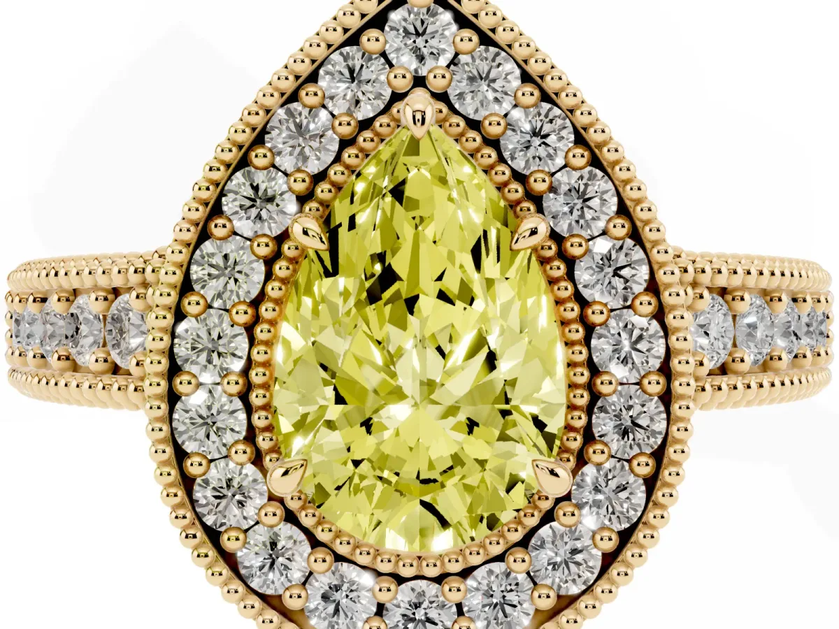 Fancy Yellow Pear Cut Cut Halo Diamond Ring with Pavé Band and Four-Prong Setting Yellow gold