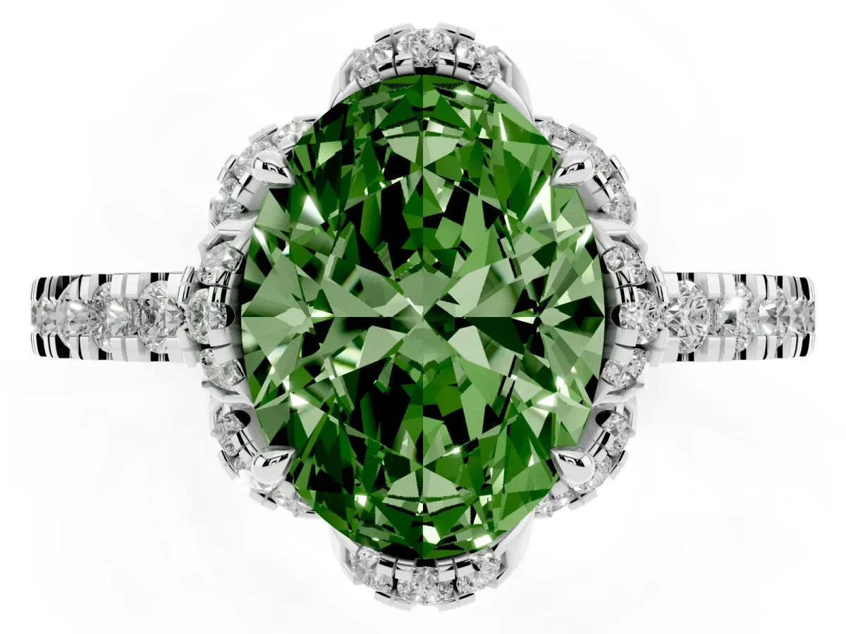 Fancy Green Oval Cut Diamond Halo Pave Band with Four-Prong Setting Platinum