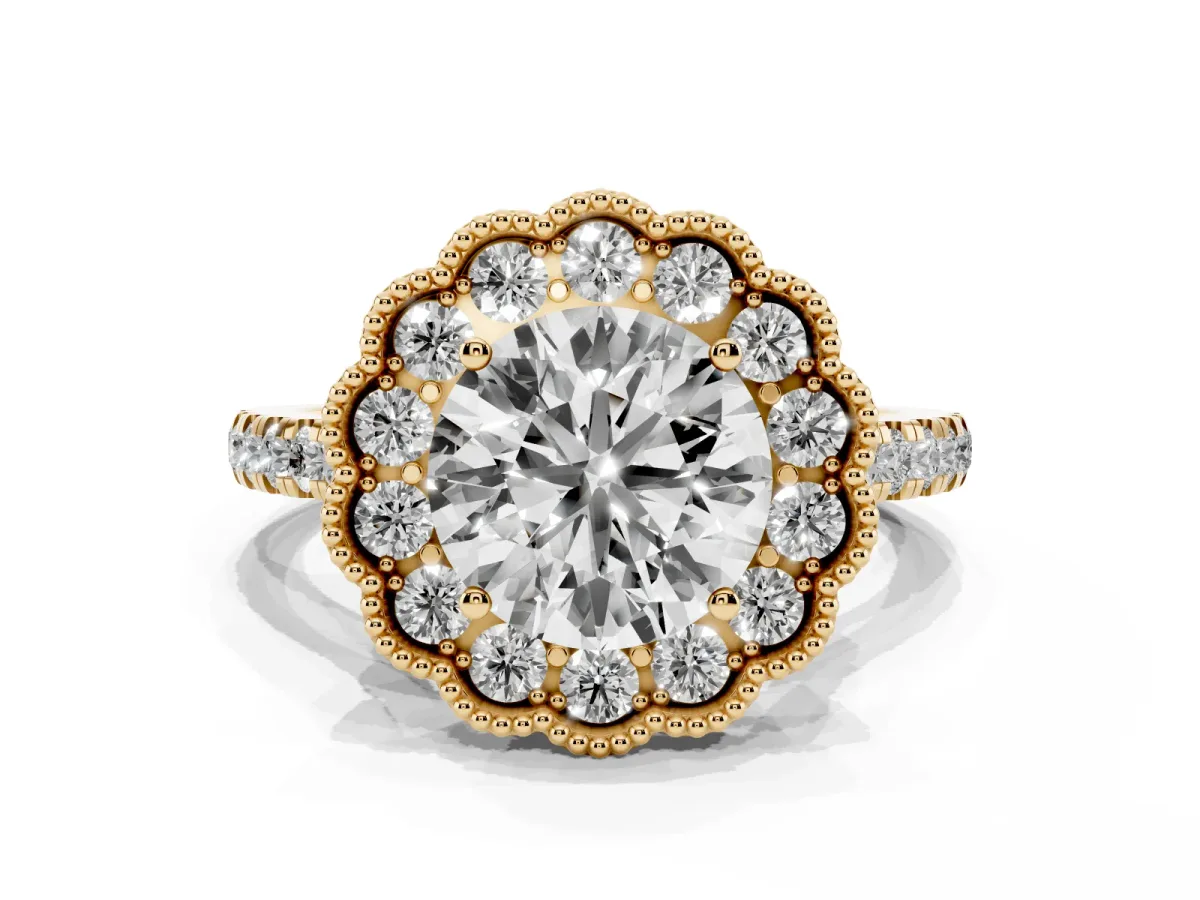 Round Cut Cut Diamond Milgrain Floral Halo Engagement Ring with Pavé Band Yellow gold