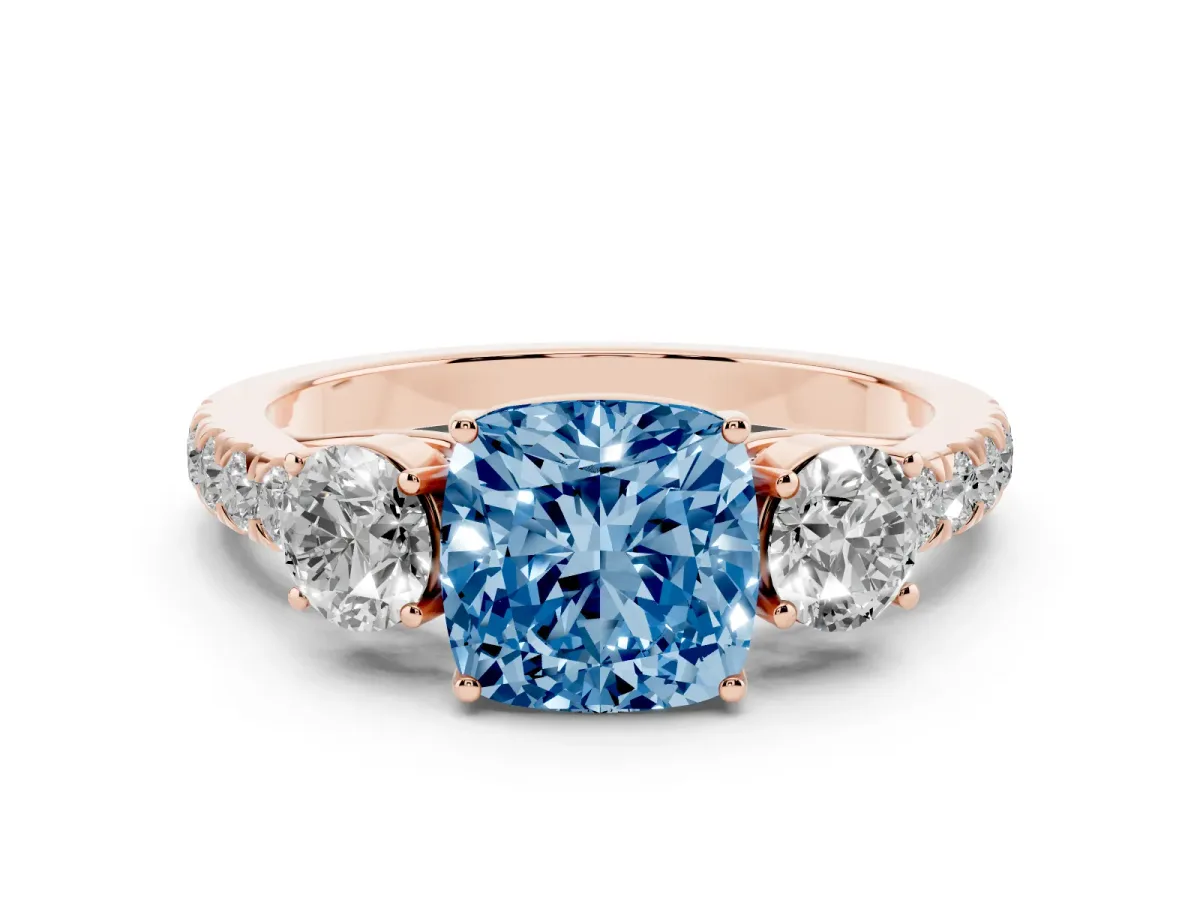 Fancy Blue Cushion Cut Cut Diamond Three-Stone Ring with Round Side Stones and Pavé Band Rose gold