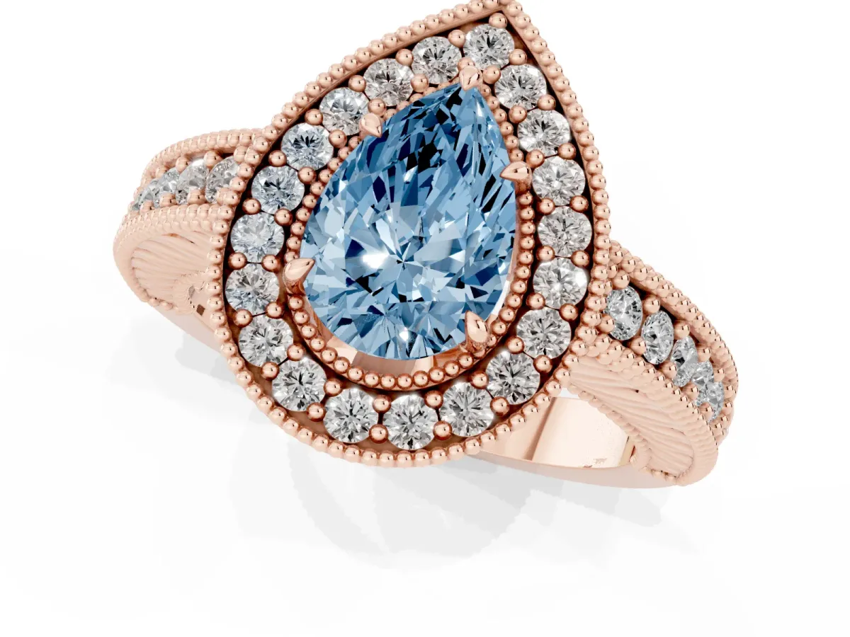 Fancy Blue Pear Cut Cut Halo Diamond Ring with Pavé Band and Four-Prong Setting Rose gold