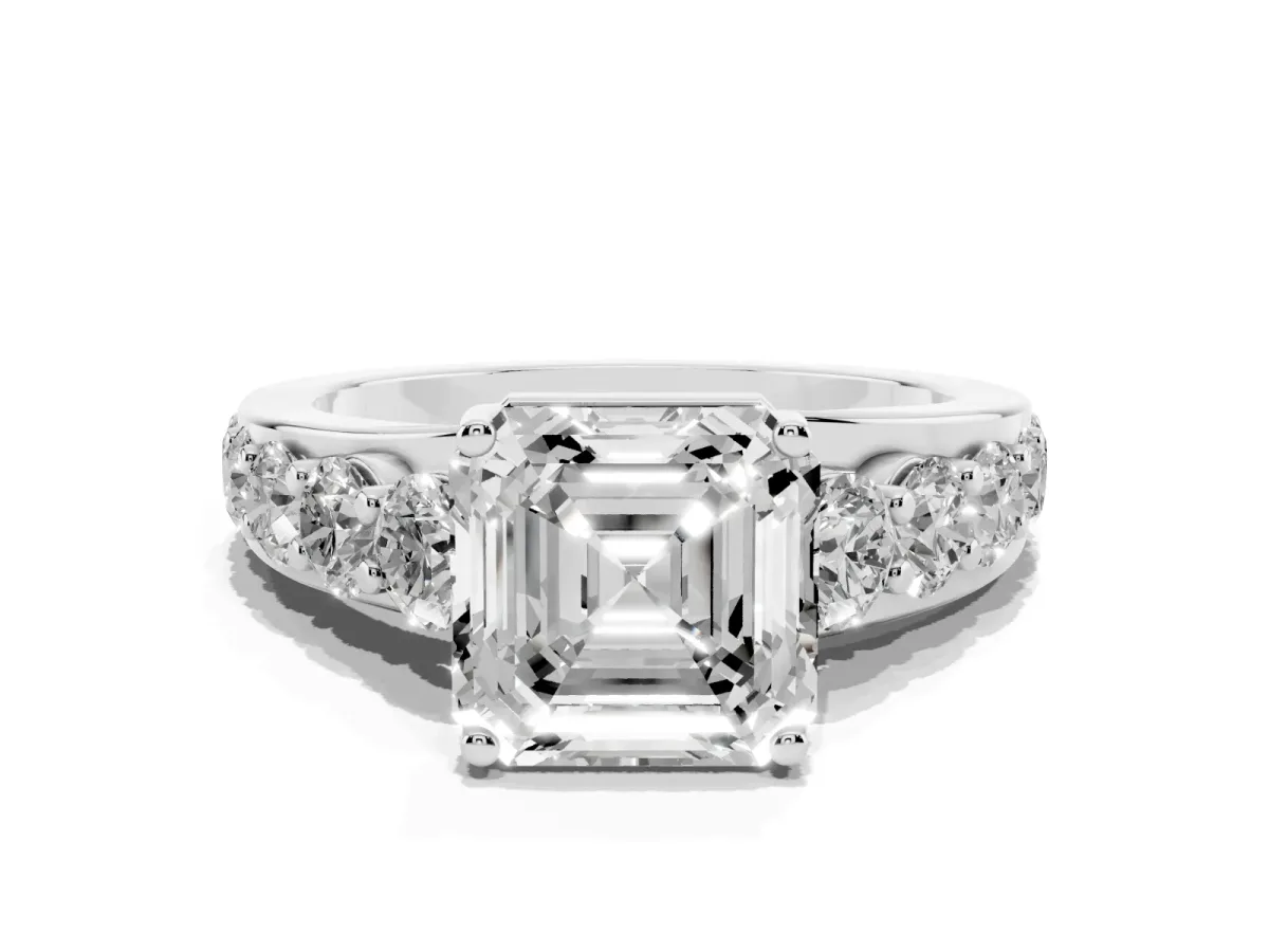 Asscher Cut Diamond Engagement Ring with Pavé Band and Four-Prong Setting Silver
