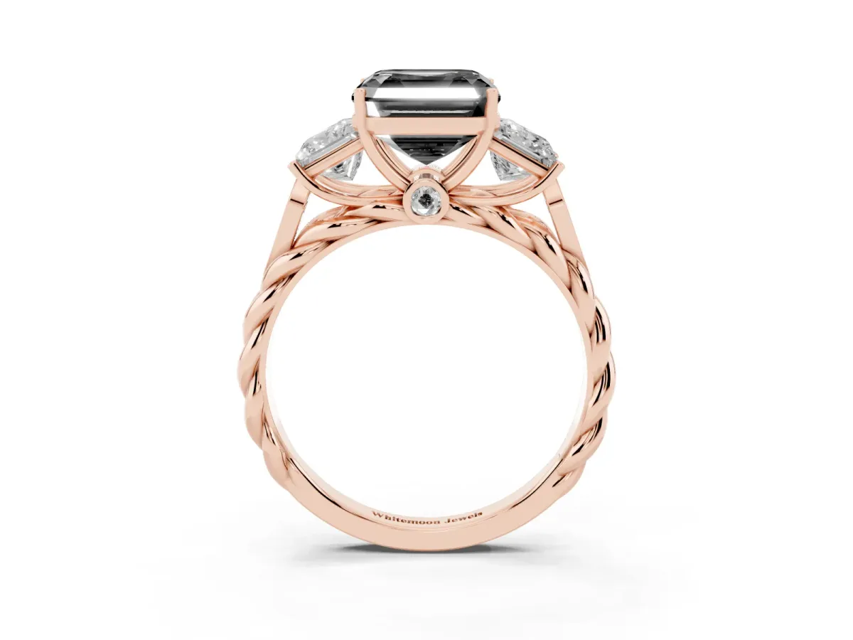 Fancy Black Three-Stone Asscher Cut Diamond Braided Band Ring with Four-Prong Setting Rose gold