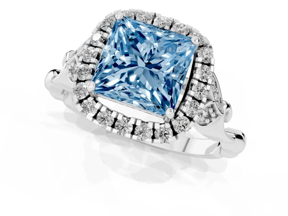 Fancy Blue Princess Cut Halo Diamond Engagement Ring with Vintage-Inspired Band and Four-Prong Setting Silver