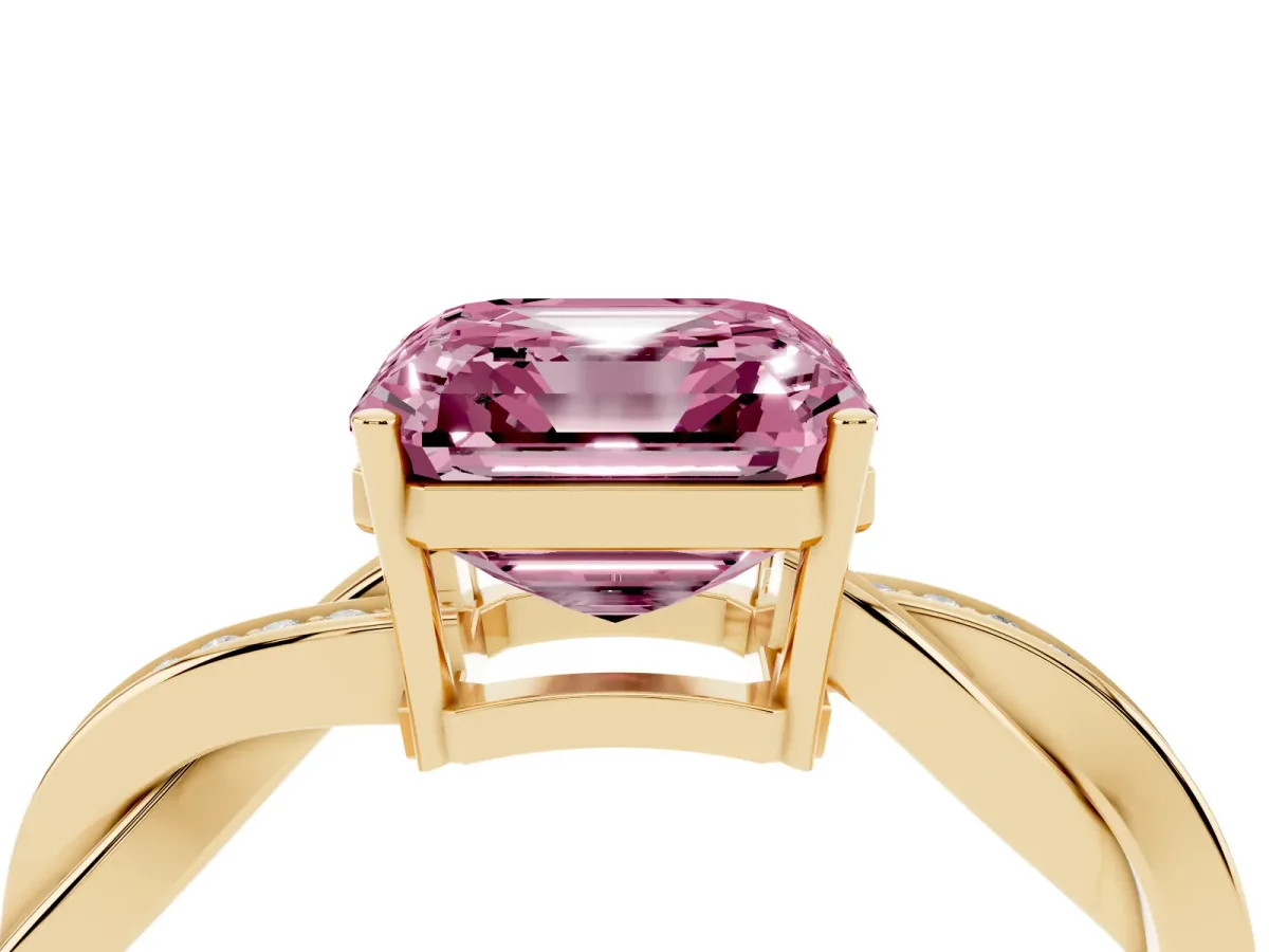Fancy Pink Asscher Cut Solitaire Twisted Pave Diamond Ring with Four-Prong Setting Yellow gold