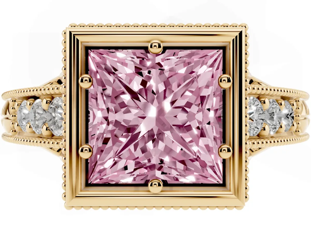 Fancy Pink Bezel Set Princess Cut Diamond Milgrain Pave Engagement Ring Yellow gold