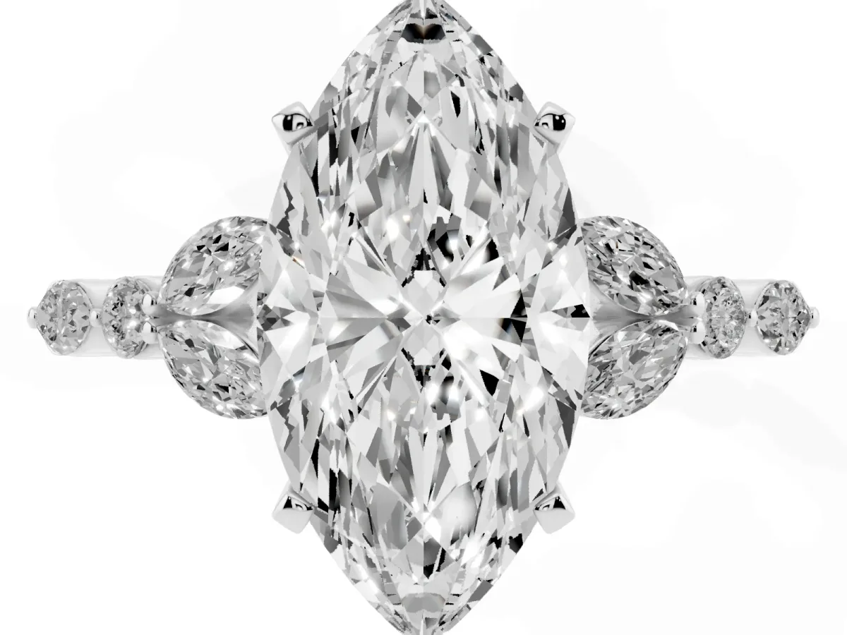 Marquise Cut Diamond Solitaire Ring with Side Stones and Four-Prong Setting Platinum