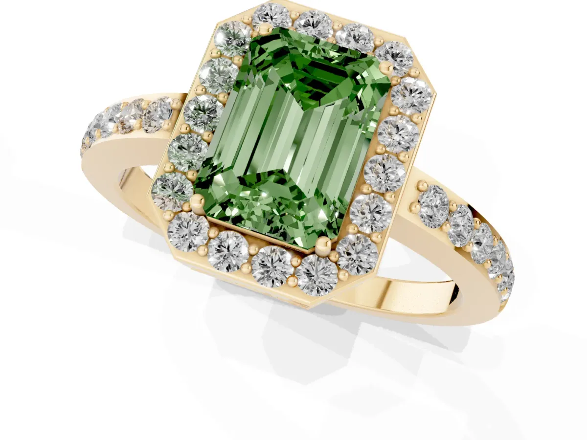 Fancy Green Emerald Cut Halo Diamond Pavé Band Ring with Prong Setting Yellow gold
