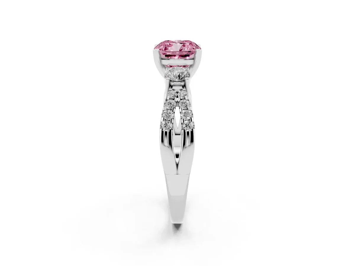 Fancy Pink Cushion Cut Diamond Three-Stone Ring with Pavé Split Shank and Four-Prong Setting Silver