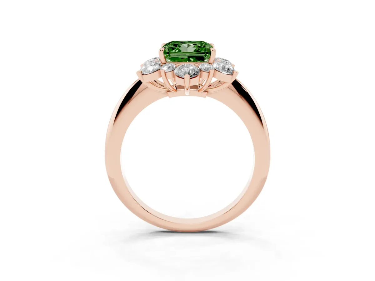 Fancy Green Princess Cut Diamond Cluster Halo Ring with Solitaire Band and Four-Prong Setting Rose gold