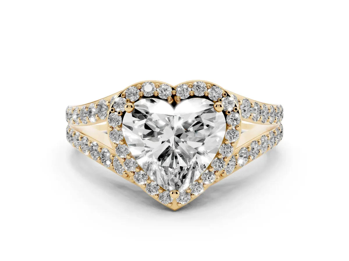 Heart Cut Diamond Split Shank Halo Ring with Four-Prong Setting Yellow gold