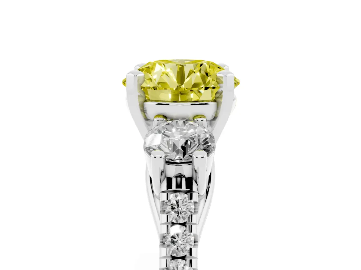 Fancy Yellow Three-Stone Round Cut Diamond Pavé Band with Four-Prong Setting Silver