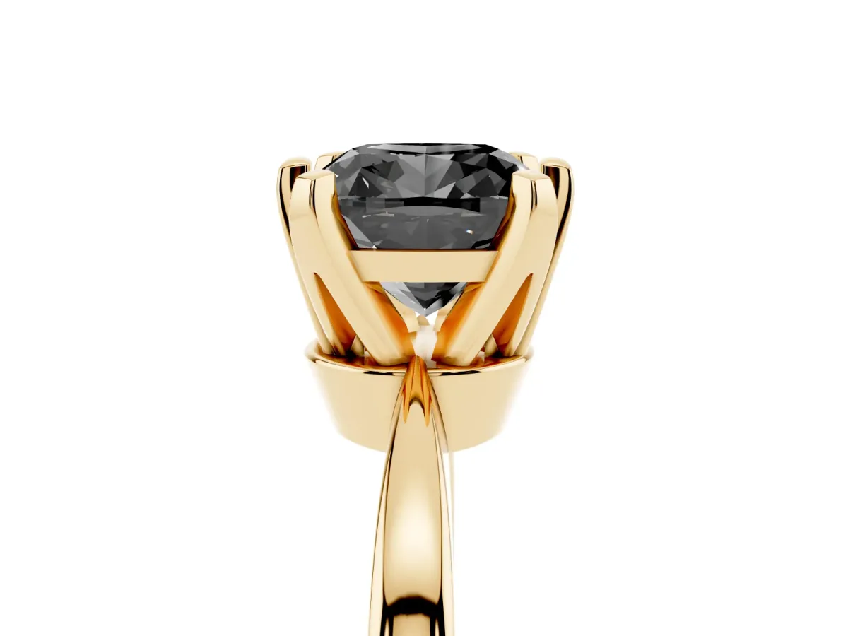 Fancy Black Cushion Cut Solitaire Engagement Ring with Six-Prong Setting and Tapered Band Yellow gold