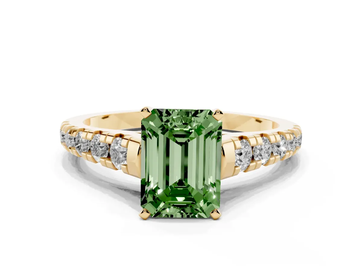 Fancy Green Emerald Cut Diamond Cathedral Solitaire Ring with Round Pavé Band Yellow gold