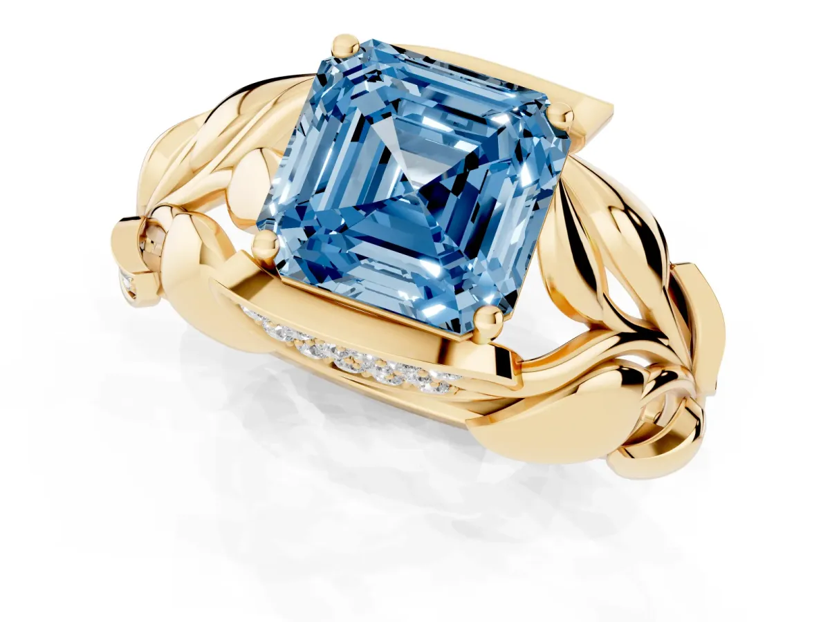 Fancy Blue Asscher Cut Diamond Leaf-Inspired Engagement Ring with Round Accents and Prong Setting Yellow gold