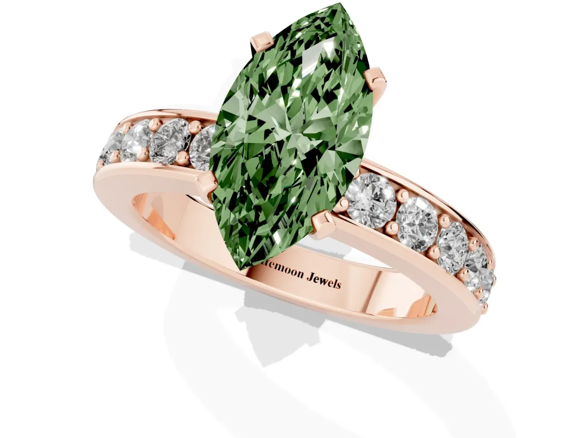 Fancy Green Marquise Cut Diamond Engagement Ring with Channel Set Round Band and Prong Setting Rose gold