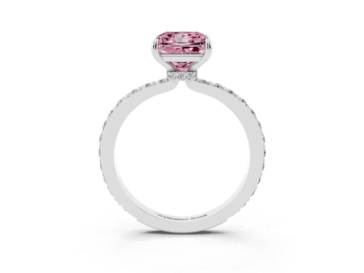 Fancy Pink Princess Cut Diamond Pavé Engagement Ring with Round Accents and Prong Setting Platinum