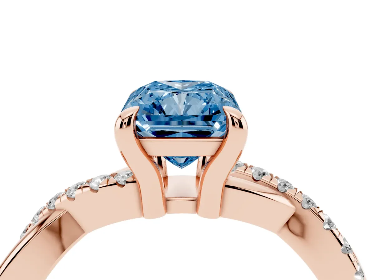 Fancy Blue Radiant Cut Cut Diamond Twist Band Solitaire with Prong Setting Rose gold