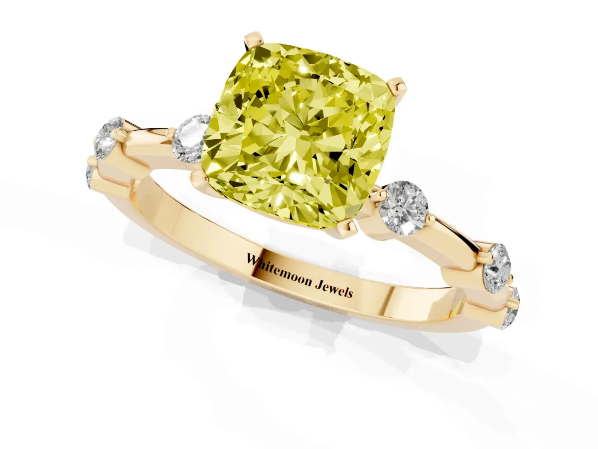 Fancy Yellow Cushion Cut Solitaire Diamond Ring with Bezel Set Side Stones and Prong Setting Yellow gold