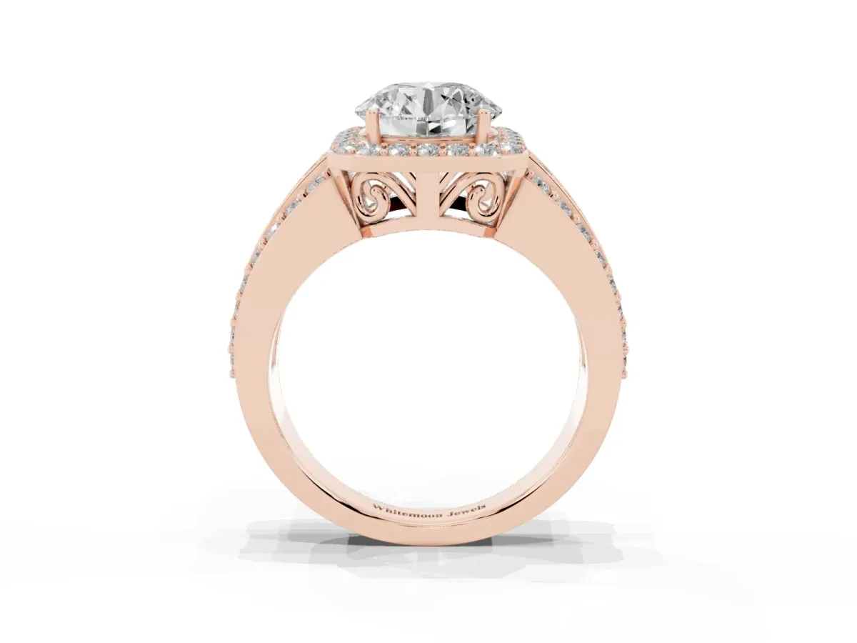 Round Cut Halo Diamond Ring with Round Split Shank and Prong Setting Rose gold