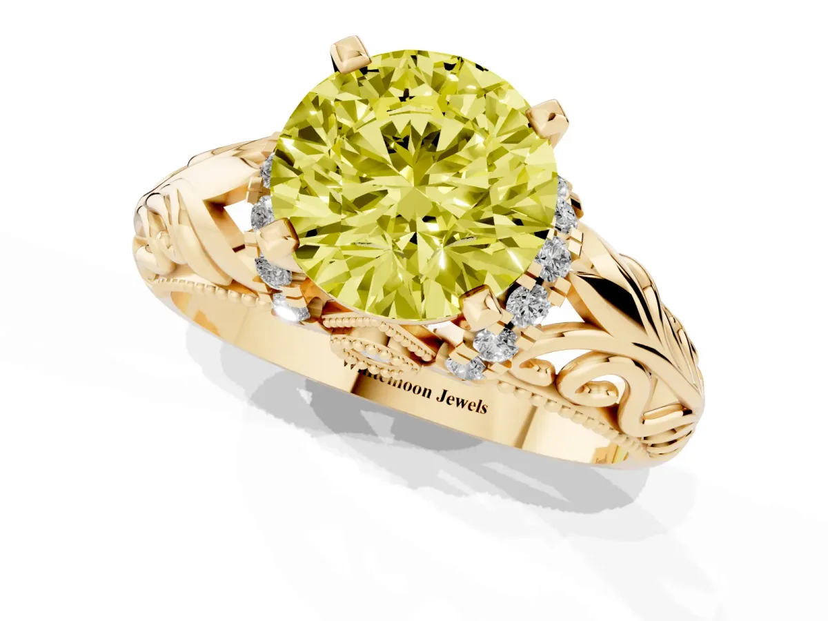 Fancy Yellow Round Cut Solitaire Filigree Engagement Ring with Halo and Prong Setting Yellow gold