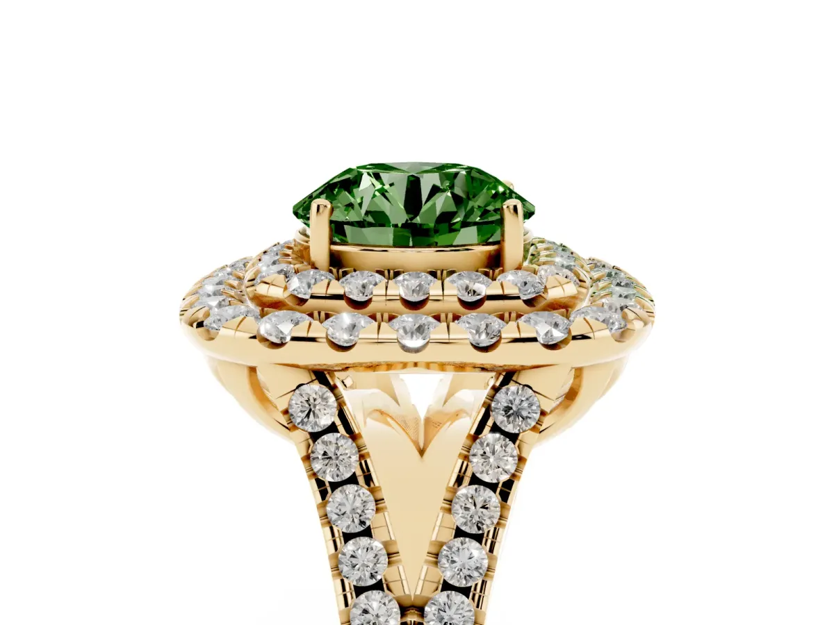 Fancy Green Double Halo Round Cut Diamond Pavé Split Shank Ring with Prong Setting Yellow gold