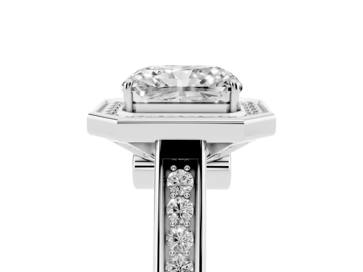 Emerald Cut Halo Solitaire Diamond Ring with Pave Band and Bezel Setting Silver