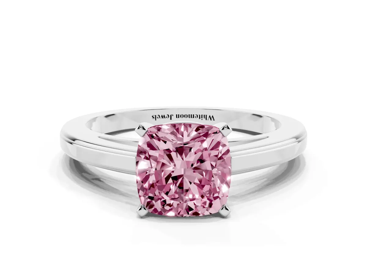 Fancy Pink Cushion Cut Solitaire Diamond Ring with Four-Prong Setting and Classic Band White gold