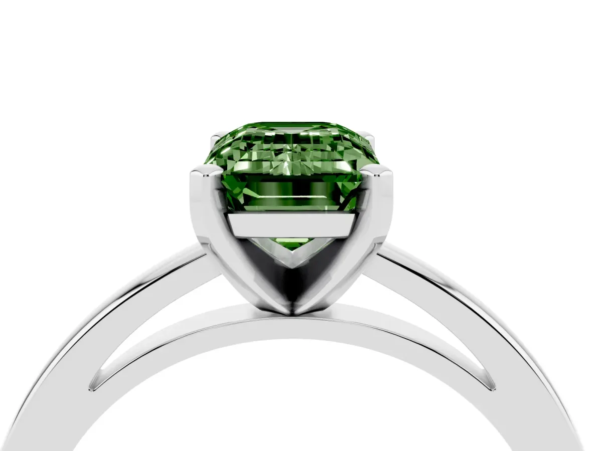 Fancy Green Emerald Cut Solitaire Diamond Engagement Ring with Four-Prong Setting on a Classic Band White gold