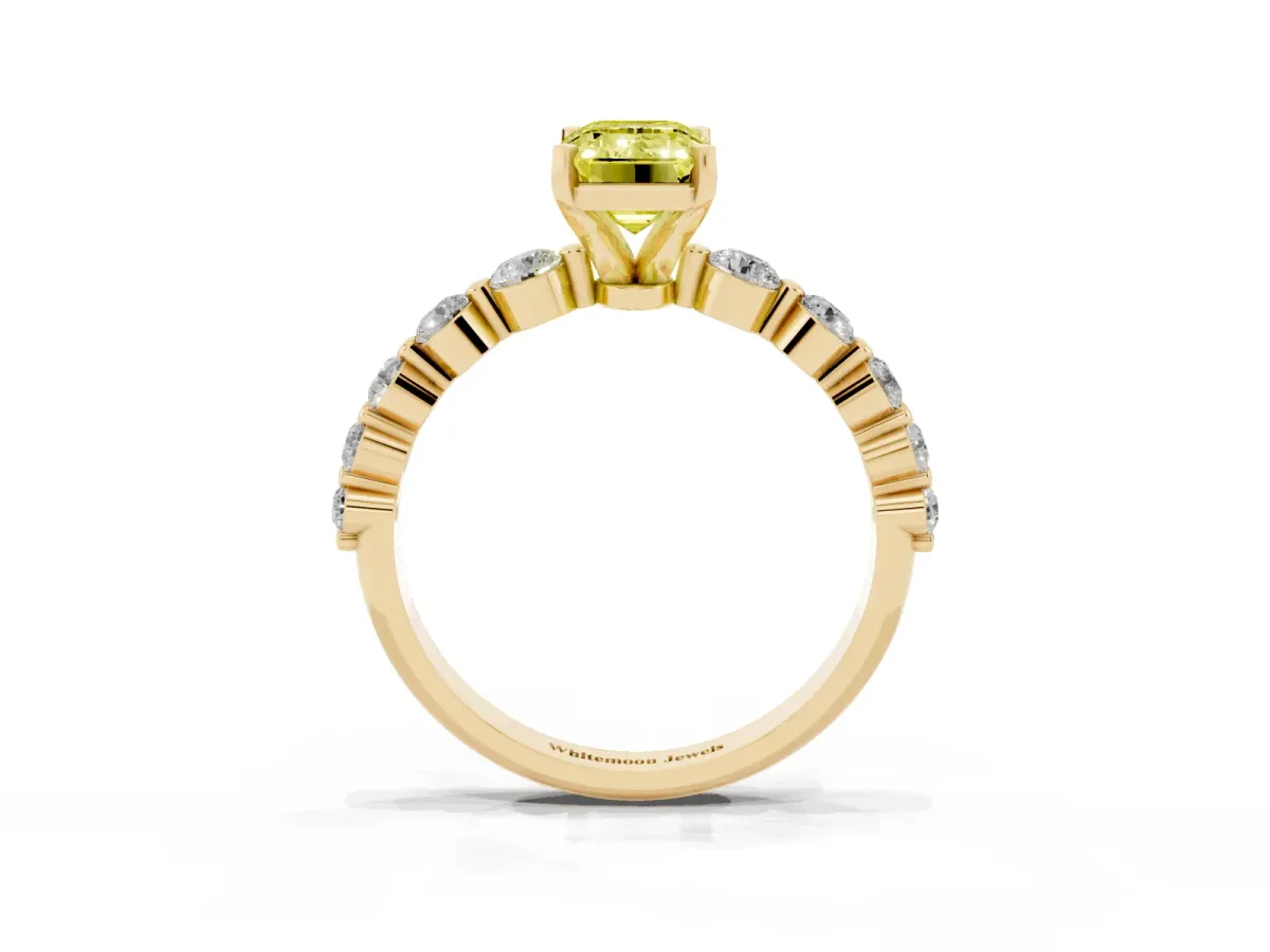Fancy Yellow Emerald Cut Solitaire Diamond Ring with Pave Band and Four-Prong Setting Yellow gold