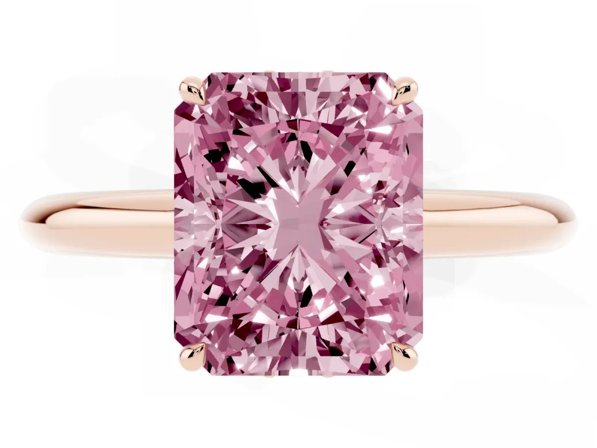 Fancy Pink Radiant Cut Brilliant Solitaire Engagement Ring with Six-Prong Setting and Classic Band Rose gold