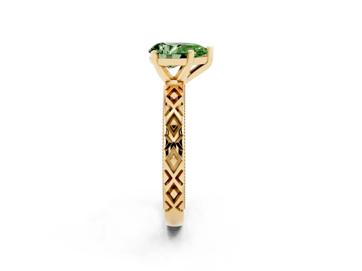 Fancy Green Pear Cut Solitaire Diamond Ring with Milgrain and Black Enamel X Pattern Band Yellow gold
