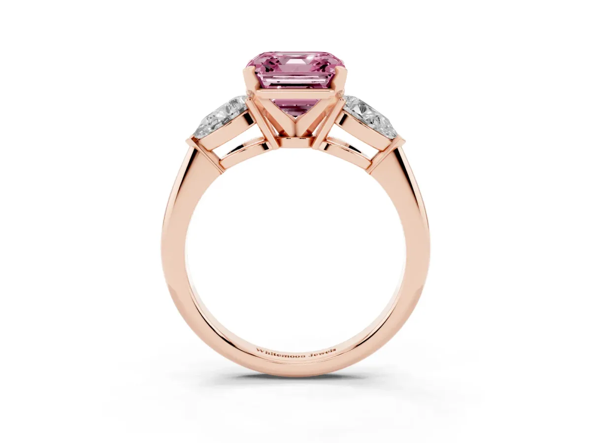 Fancy Pink Three-Stone Asscher Cut Diamond Ring with Pear Side Stones and Four-Prong Setting Rose gold