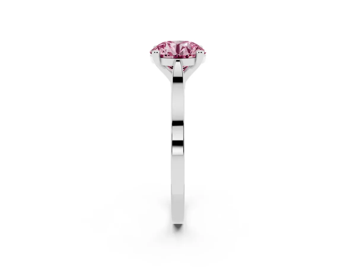Fancy Pink Round Cut Solitaire Diamond Ring with Four-Prong Setting and Tapered Band Platinum